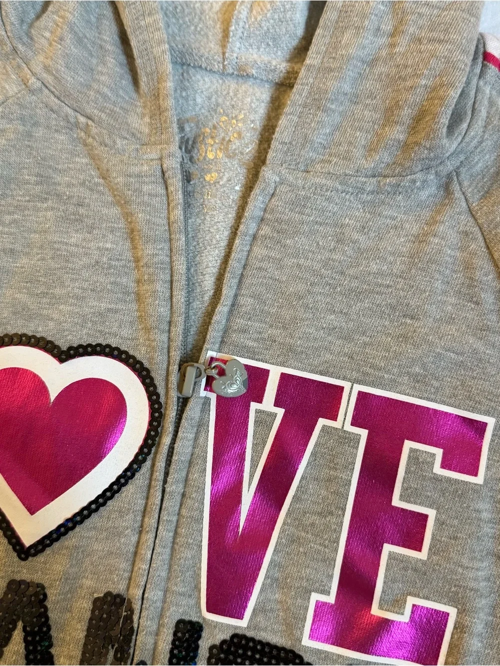 2013 Justice zip up hoodie with pink and black 'LOVE DANCE' graphic size 12